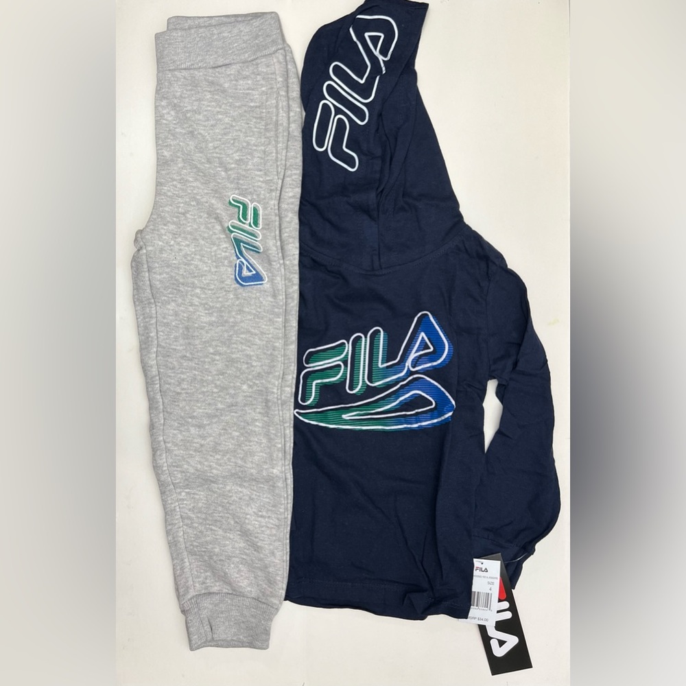 Fila little boys 2 pcs jogger with hooded pullover, size 4 Navy/grey
